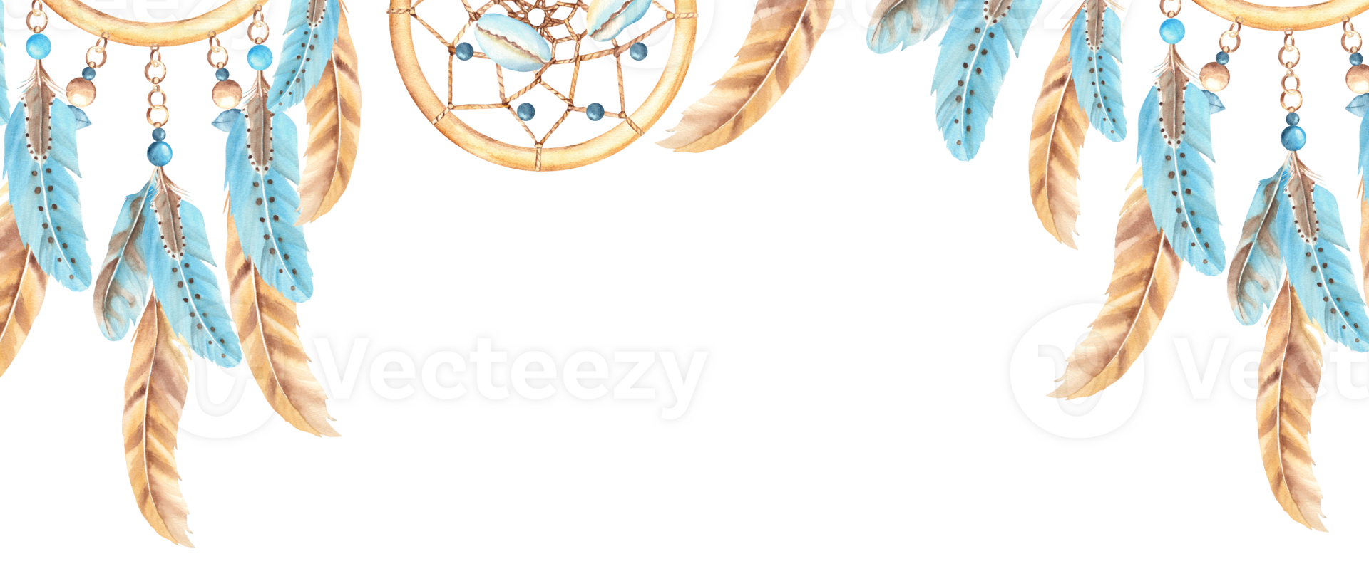 Dream catcher banner with beads, sea shells and blue and beige feathers. Watercolor horizontal frame, border. Hand drawn illustration. Perfect as a web banner, card and invitation template png