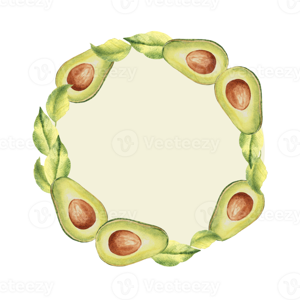 Avocado wreath. Half fruit and leaves. Botanical vegetable hand drawn watercolor illustration. Can be used for cards, logos and food design. Vintage stile. png