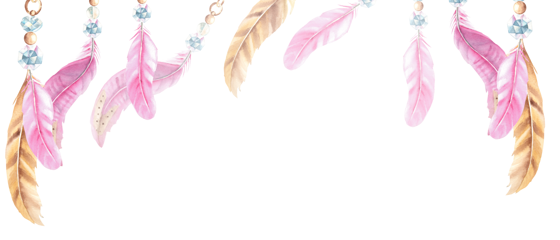 Feathers banner. Pink and beige feathers with crystals. Watercolor horizontal frame, border. Hand drawn illustration. Perfect as a web banner, card and invitation template, for romantic design. png