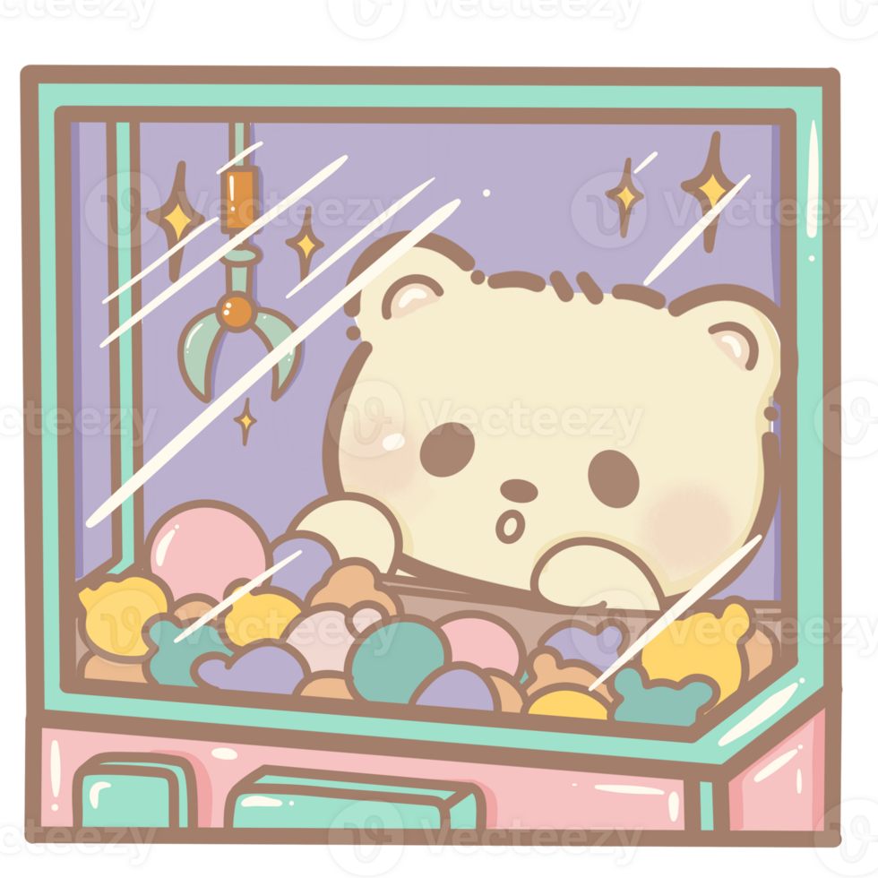 disegnato a mano illustrazione carino kawaii giallo orsacchiotto orso guardare dentro un' artiglio macchina clipart divertimento divertimento parco pastello colore saluto carta compleanno invito png