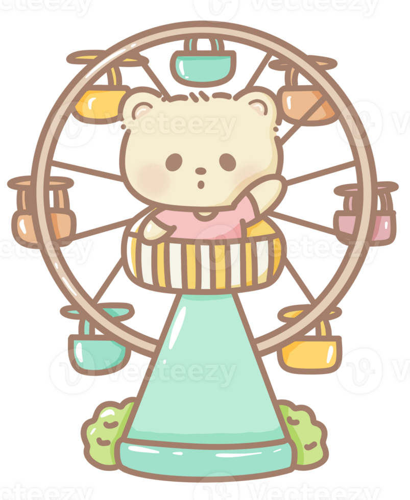 Handdrawn illustration Cute kawaii yellow teddy bear on a ferris wheel clipart fun amusement park pastel color greeting card birthday invitation png