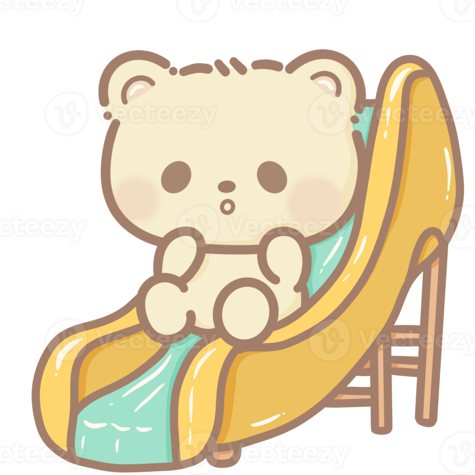 disegnato a mano illustrazione carino kawaii giallo orsacchiotto orso andando giù un' cursore clipart divertimento divertimento parco pastello colore saluto carta compleanno invito png