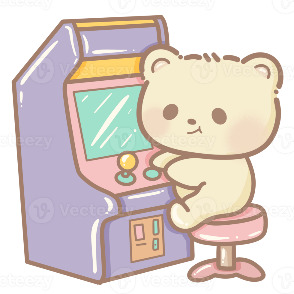 Handdrawn illustration Cute kawaii yellow teddy bear playing an arcade game clipart fun amusement park pastel color greeting card birthday invitation png