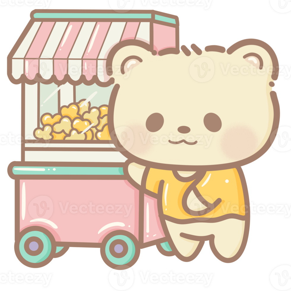 Handdrawn illustration Cute kawaii yellow teddy bear standing next to a popcorn cart clipart fun amusement park pastel color greeting card birthday invitation png