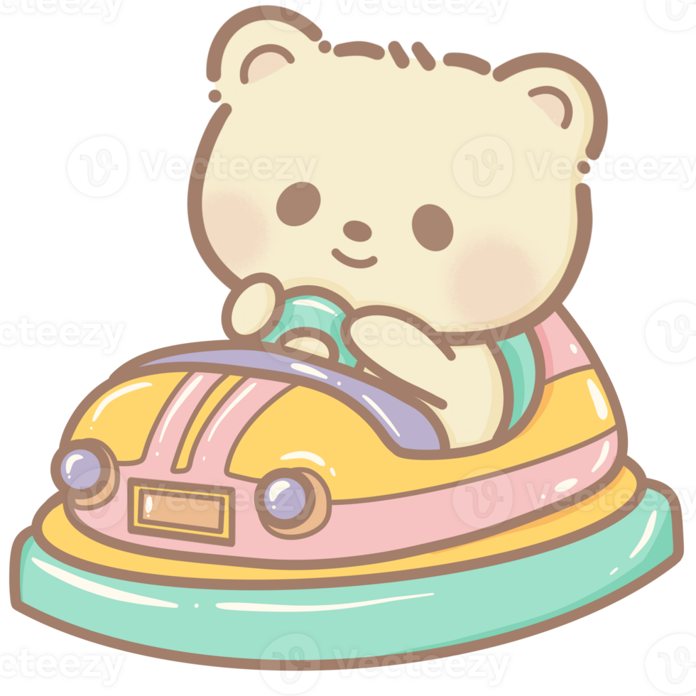 Handdrawn illustration Cute kawaii yellow teddy bear on a gokart bumper car clipart fun amusement park pastel color greeting card birthday invitation png