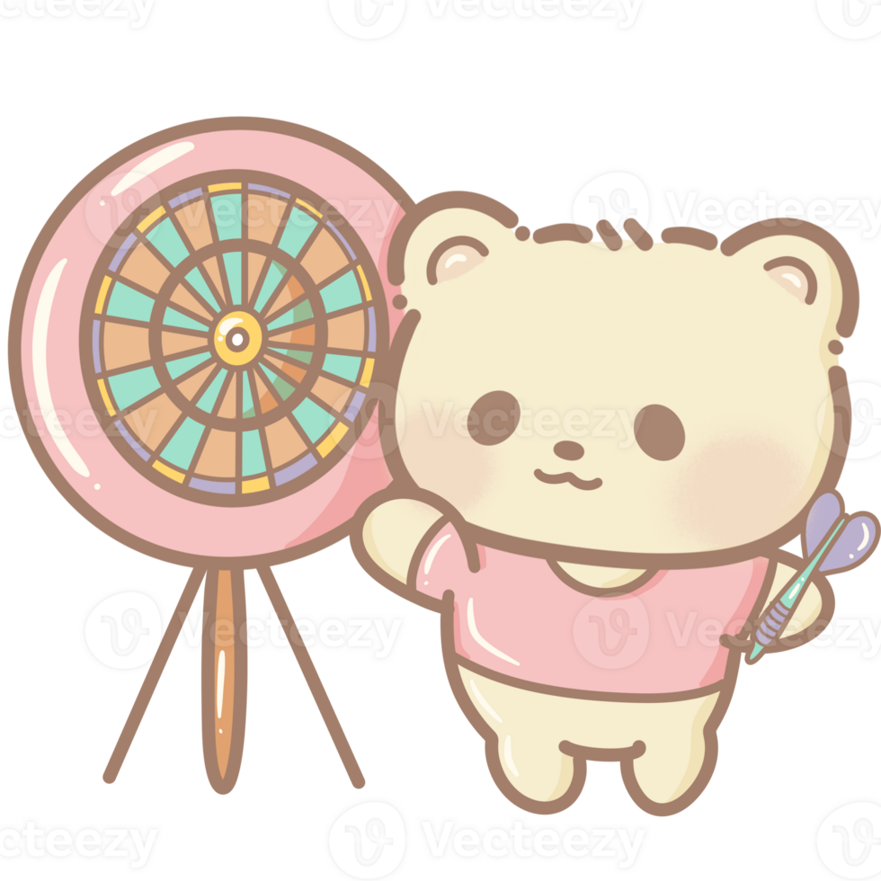 hand getekend illustratie schattig kawaii geel teddy beer spelen een pijl clip art pret amusement park pastel kleur groet kaart verjaardag uitnodiging png