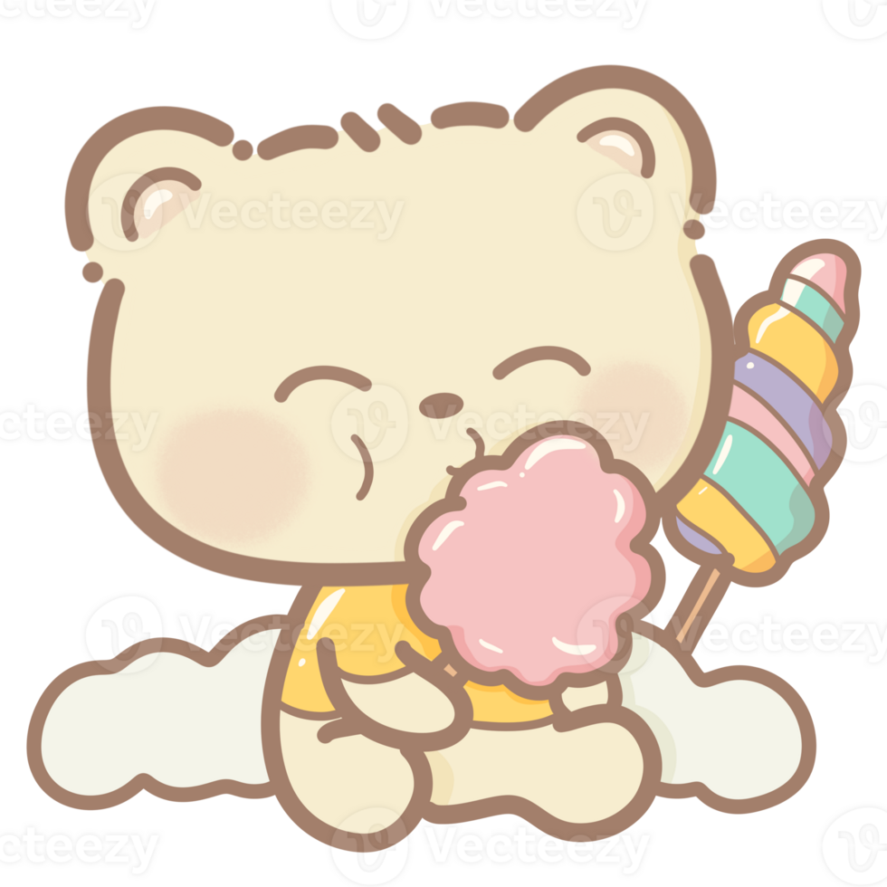 Handdrawn illustration Cute kawaii yellow teddy bear eating a cotton candy clipart fun amusement park pastel color greeting card birthday invitation png