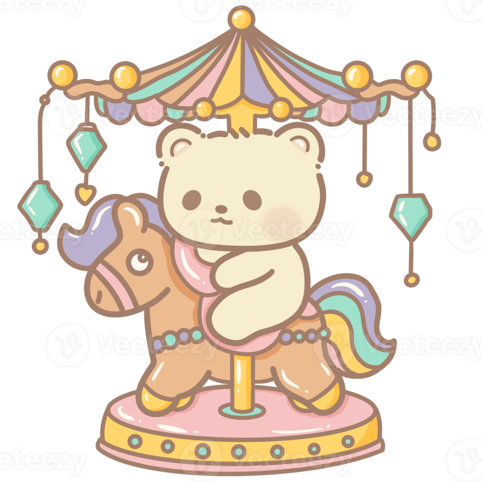 Handdrawn illustration Cute kawaii yellow teddy bear riding on a horse on a carousel clipart fun amusement park pastel color greeting card birthday invitation png