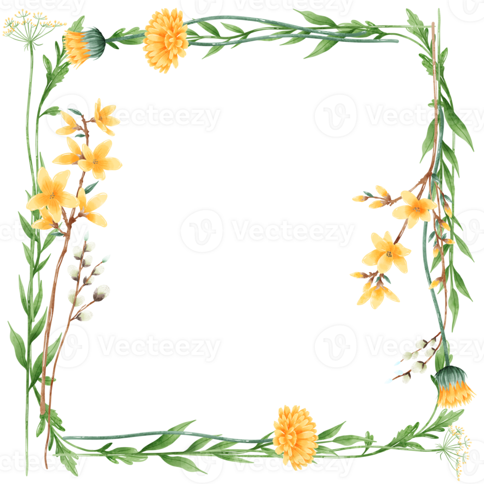 Handdrawn watercolor illustration clipart of detailed Spring Wildflowers meadow frame border collection Floral arrangements greeting cards wedding invitation Elegant ethereal nature png