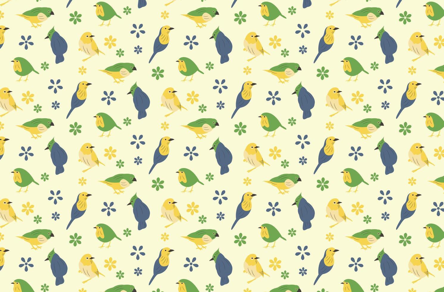 texture with pattern of variety of birds and flowers of different colors on yellow background vector
