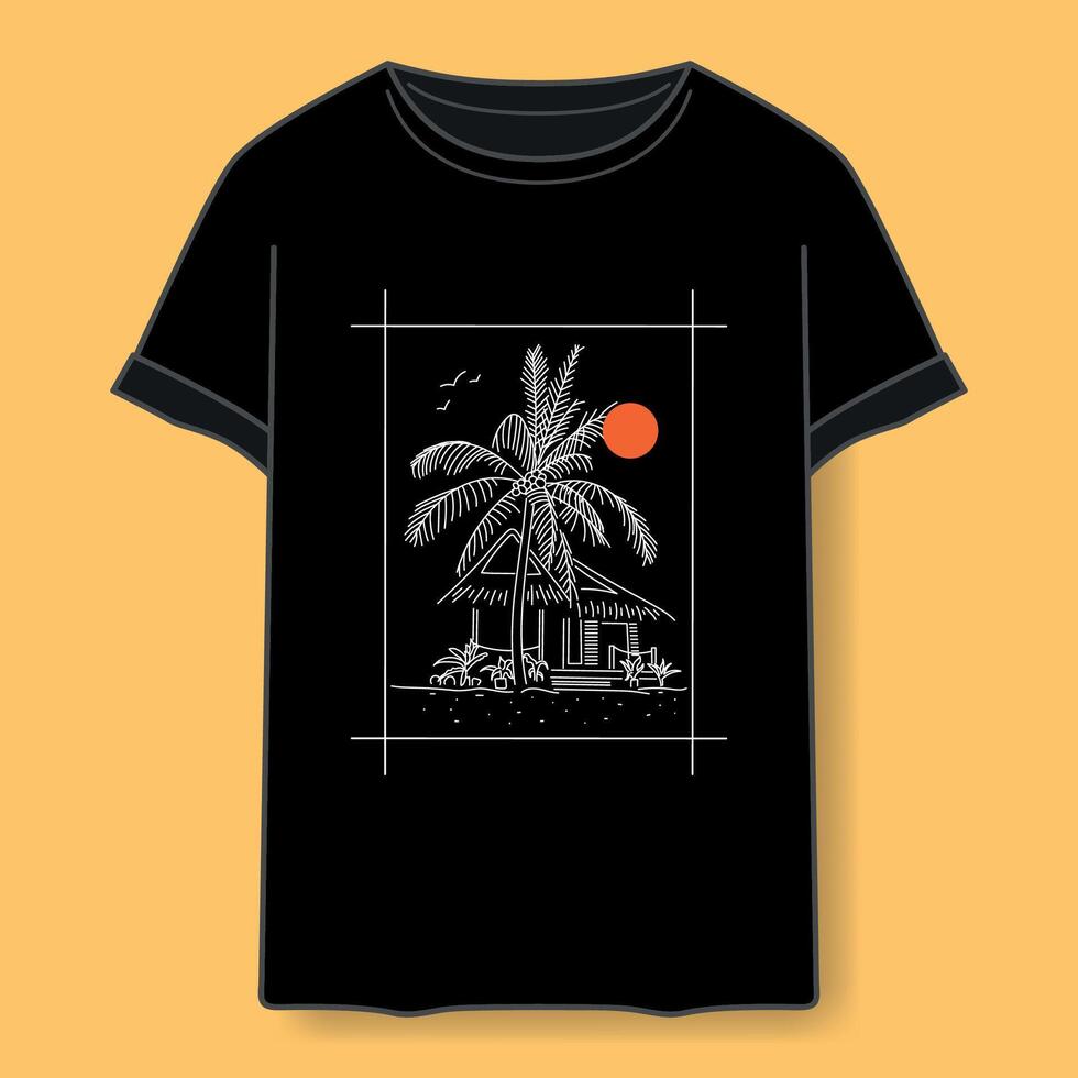 tropical house on the beach with palm trees, illustration in lines for printing on black shirt vector