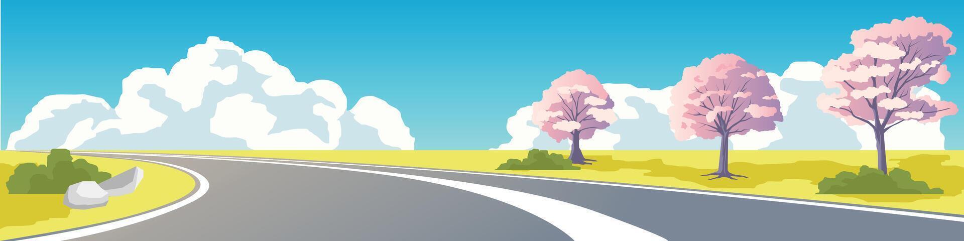 Landscape view of empty asphalt road. Wide open field dotted with pink leaved trees. Background of white clouds and blue sky. vector