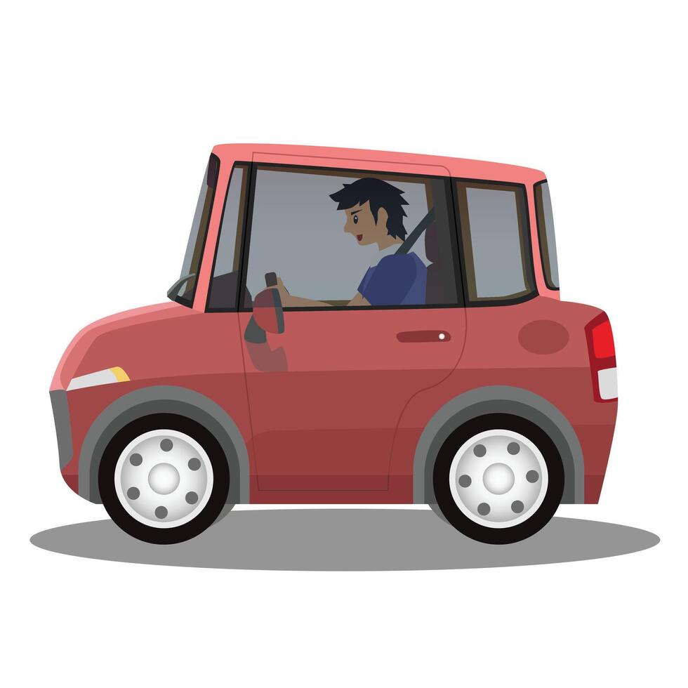 Cartoon vetor or illustrator of mini car with driving man inside car. Sedan car red color can view interior of car. on isolated white backgorund with shadow. vector