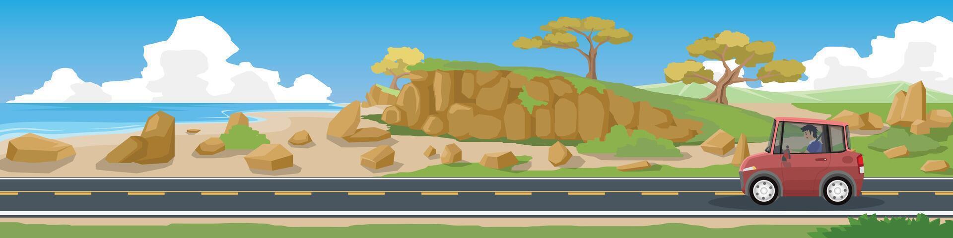 Horizontal view of Asphalt road. Coastal area lined with hills and rocks. with sedar car red color and driving man. background of mountain under blue sky and white clouds. vector