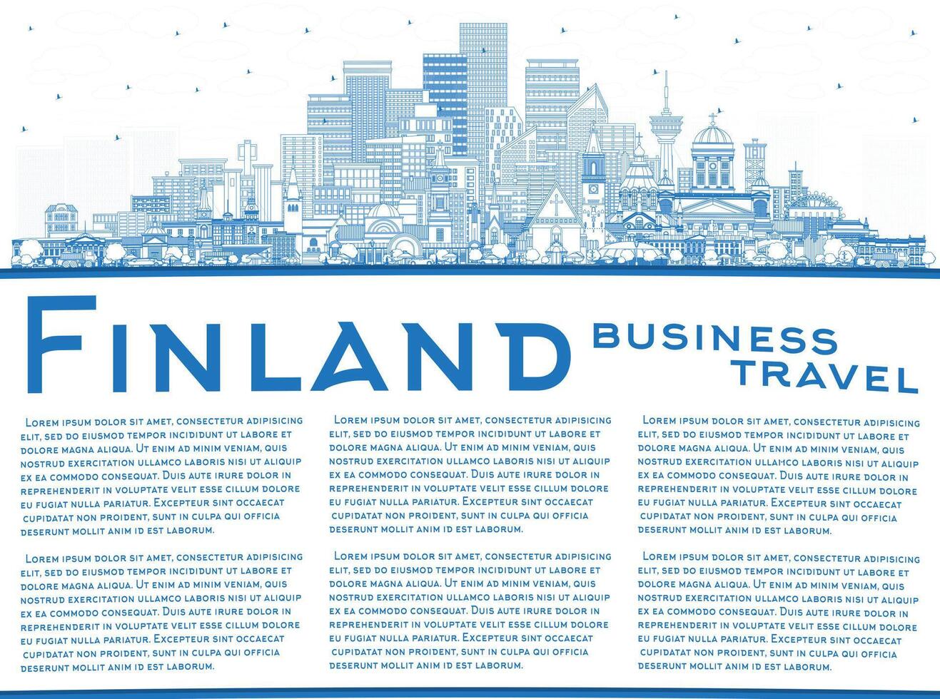 Outline Finland city skyline with blue buildings and copy space. Historic and modern architecture. Finland cityscape with landmarks. Helsinki. Espoo. Vantaa. Oulu. Turku. vector