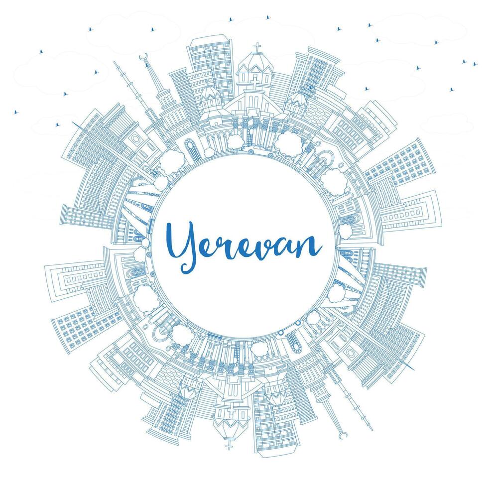 Outline Yerevan Armenia City Skyline with Blue Buildings and Copy Space. Yerevan Cityscape with Landmarks. Business Travel and Tourism Concept with Historic Architecture. vector