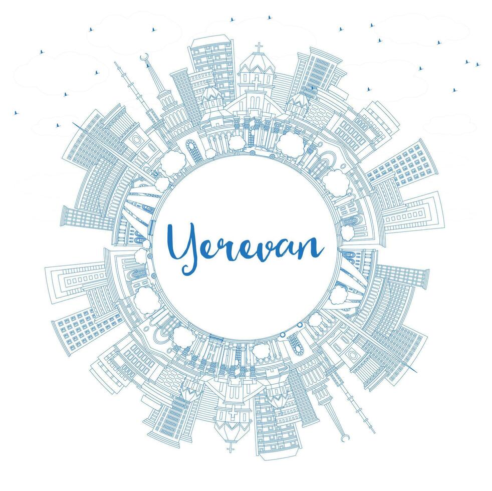 Outline Yerevan Armenia City Skyline with Blue Buildings and Copy Space. Yerevan Cityscape with Landmarks. Business Travel and Tourism Concept with Historic Architecture. vector