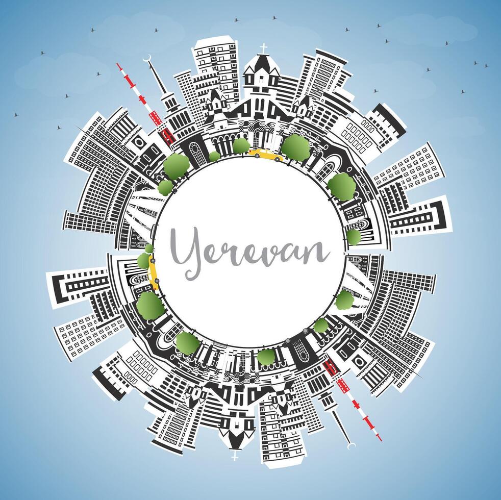 Yerevan Armenia City Skyline with Color Buildings, Blue Sky and Copy Space. Yerevan Cityscape with Landmarks. Business Travel and Tourism Concept with Historic Architecture. vector