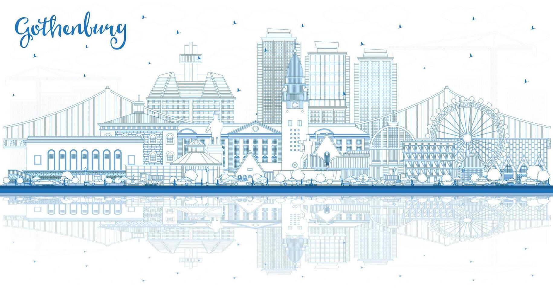 Outline Gothenburg Sweden City Skyline with Blue Buildings and reflections. Gothenburg Cityscape with Landmarks. Travel and Tourism Concept with Historic Architecture. vector