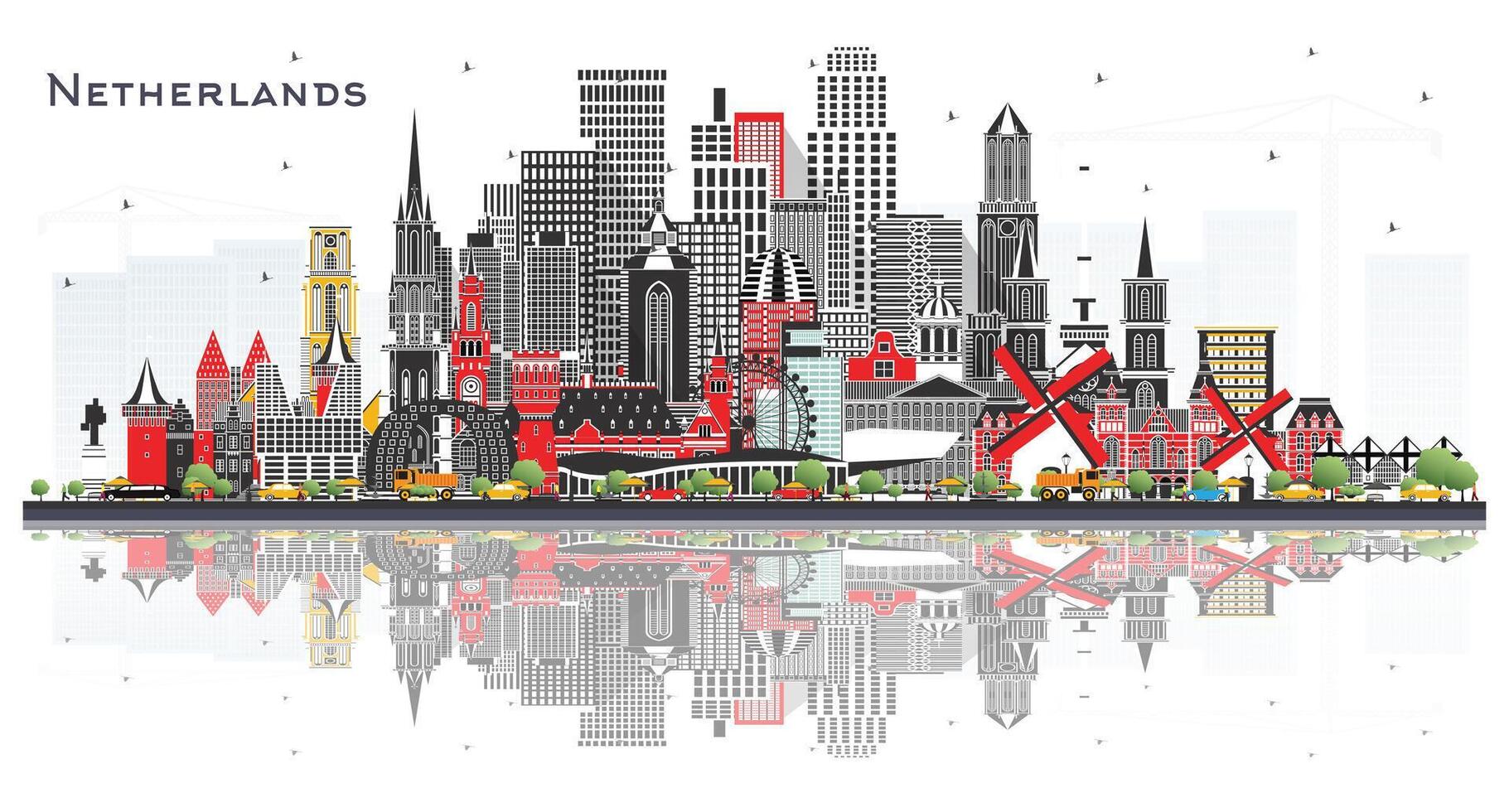 Netherlands Skyline with Gray Buildings and reflections Isolated on White. Tourism with Historic Architecture. Cityscape with Landmarks. Amsterdam. Rotterdam. The Hague. Utrecht. vector