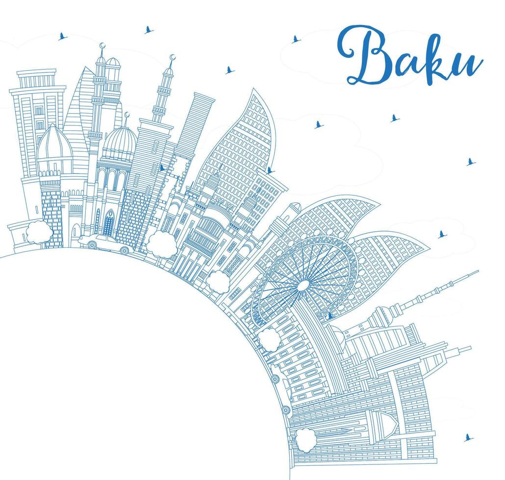 Outline Baku Azerbaijan City Skyline with Blue Buildings and Copy Space. Baku Cityscape with Landmarks. Business Travel and Tourism Concept with Historic Architecture. vector