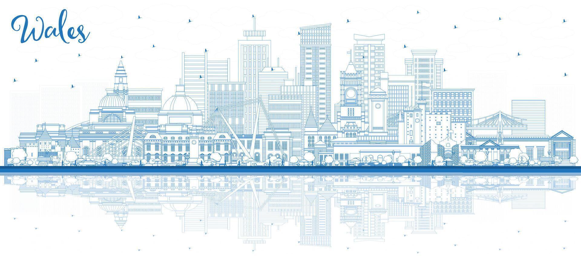 Outline Wales City Skyline with Blue Buildings and reflections. Concept with Historic Architecture. Wales Cityscape with Landmarks. Cardiff. Swansea. Newport. vector