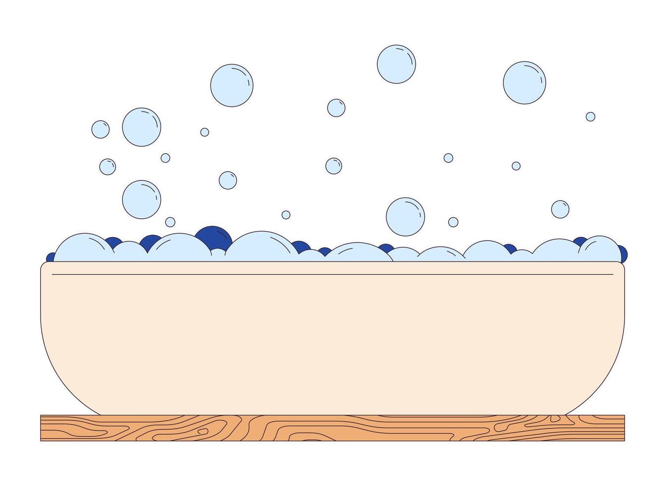 Bathtub with foamy water 2D linear cartoon object. Bath prepared for body washing and relaxation isolated line element white background. Spa procedures color flat spot illustration vector