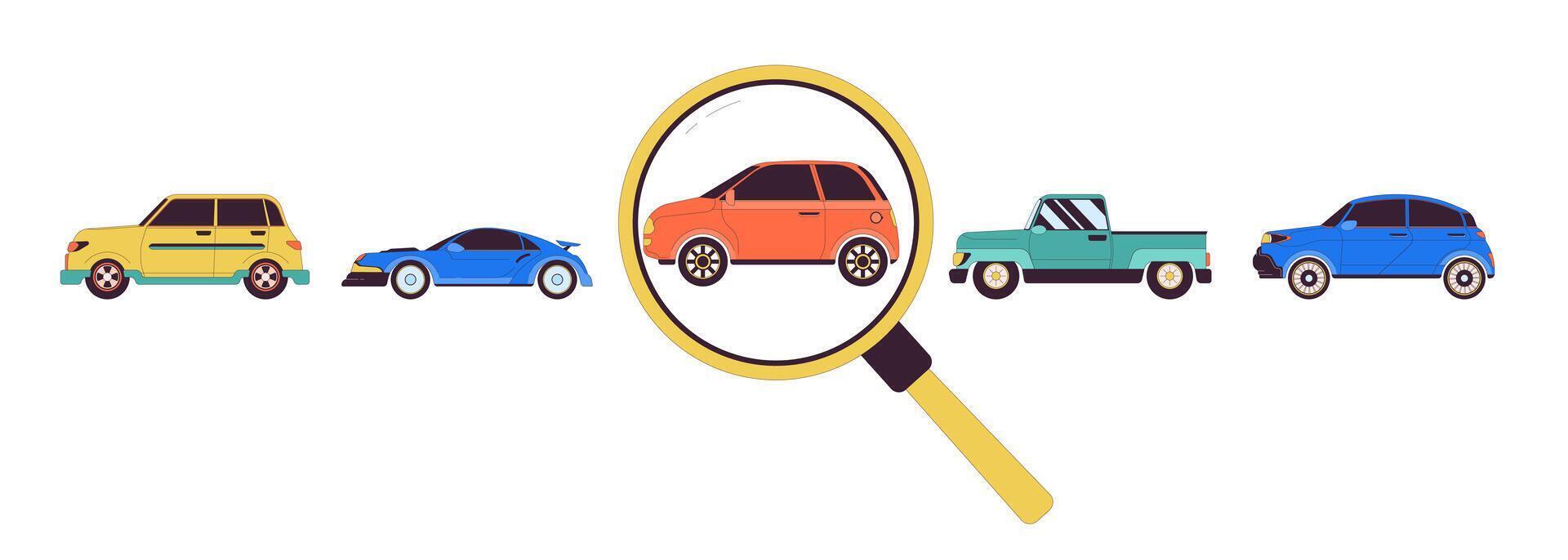 Choosing car for rent 2D linear cartoon objects. Using magnifying glass to check autos isolated line elements white background. Buying vehicle online color flat spot illustration vector