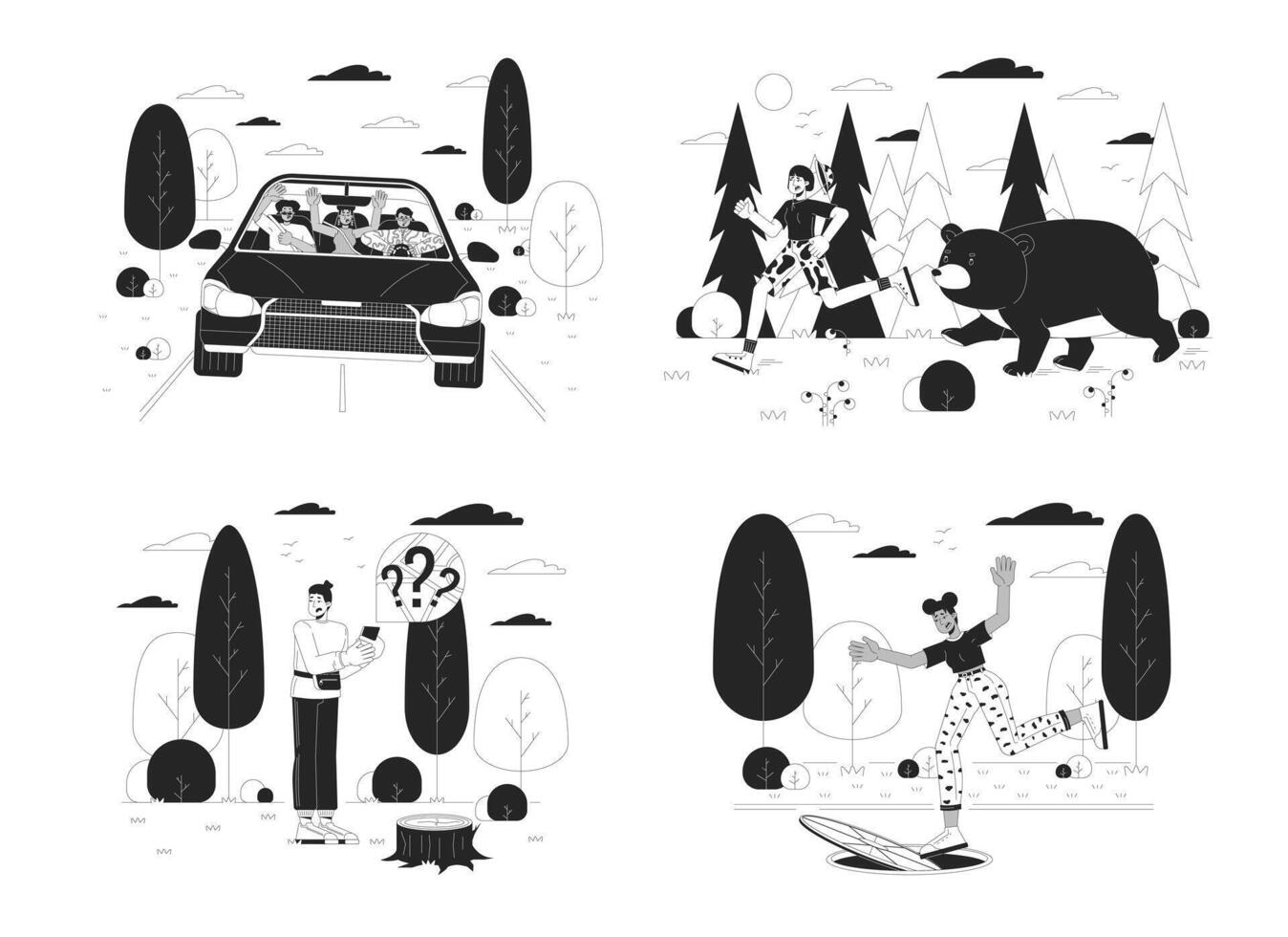 People surviving accidents black and white cartoon flat illustration set. Dealing with dangerous situations 2D lineart characters isolated. Warning monochrome scene outline image collection vector