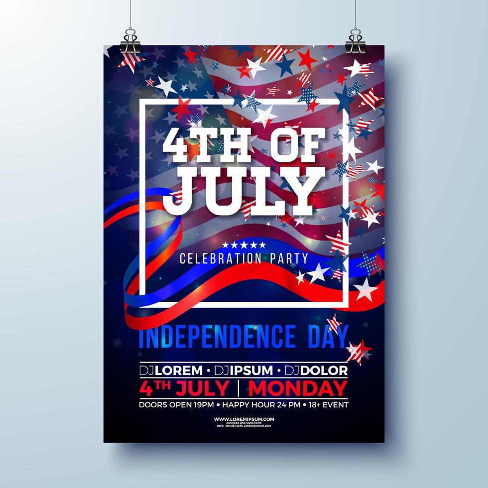 Independence Day of the USA Party Flyer Illustration with American Flag, Star and Ribbon. Fourth of July Design on Dark Background for Celebration Banner, Greeting Card, Holiday Poster or vector