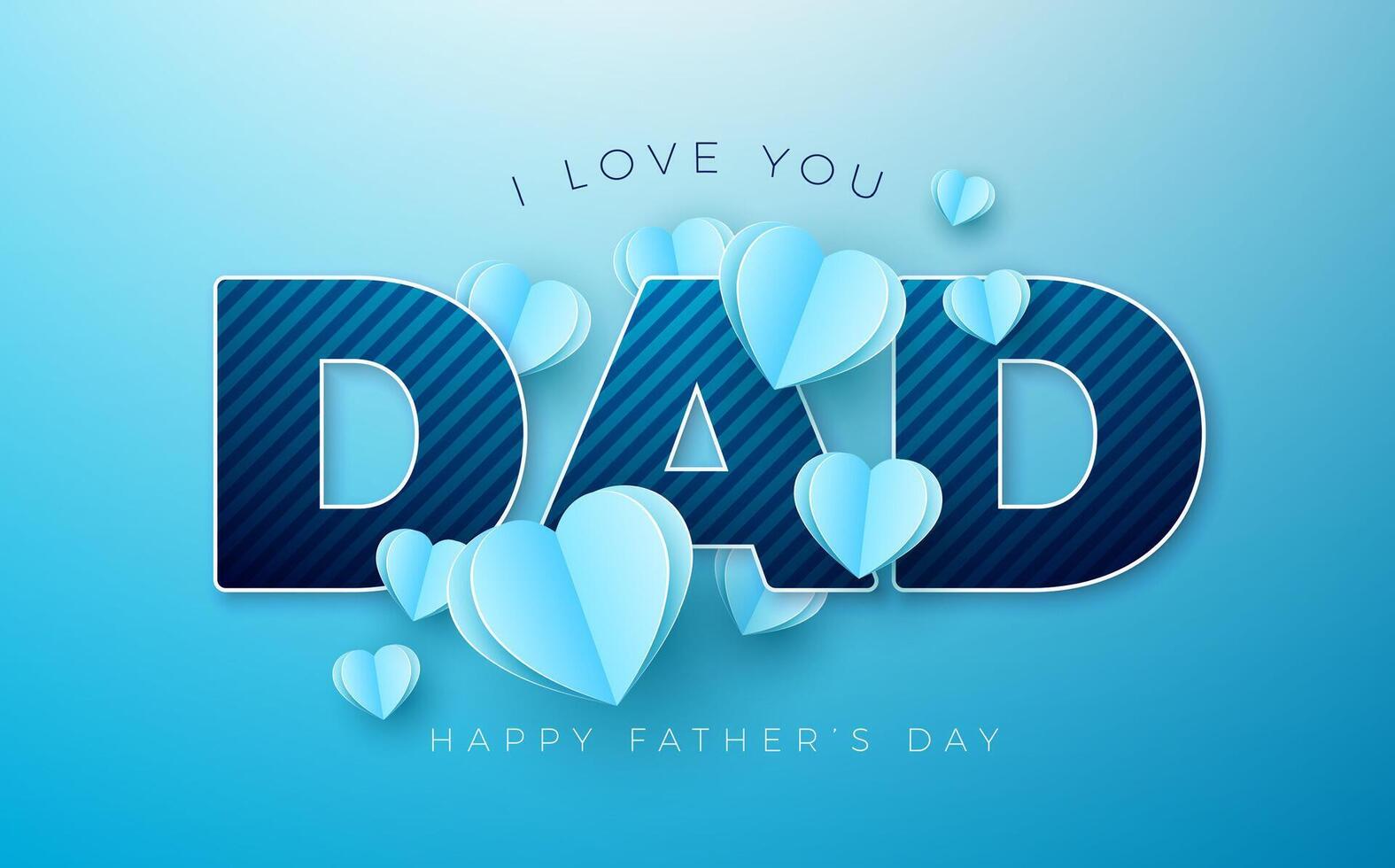 Happy Father's Day Greeting Card Design with Mustache and Flying Paper Heart on Blue Background. Celebration Illustration with I Love You Dad Cut Out Lettering. Template for Postcard, Greeting vector