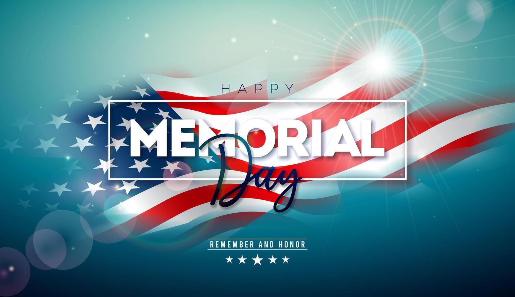 Memorial Day of the USA Banner Design with Blurred American Flag on Shiny Sky Blue Background. National Patriotic Celebration Illustration for Postcard, Flyer, Web Banner, Greeting Card vector