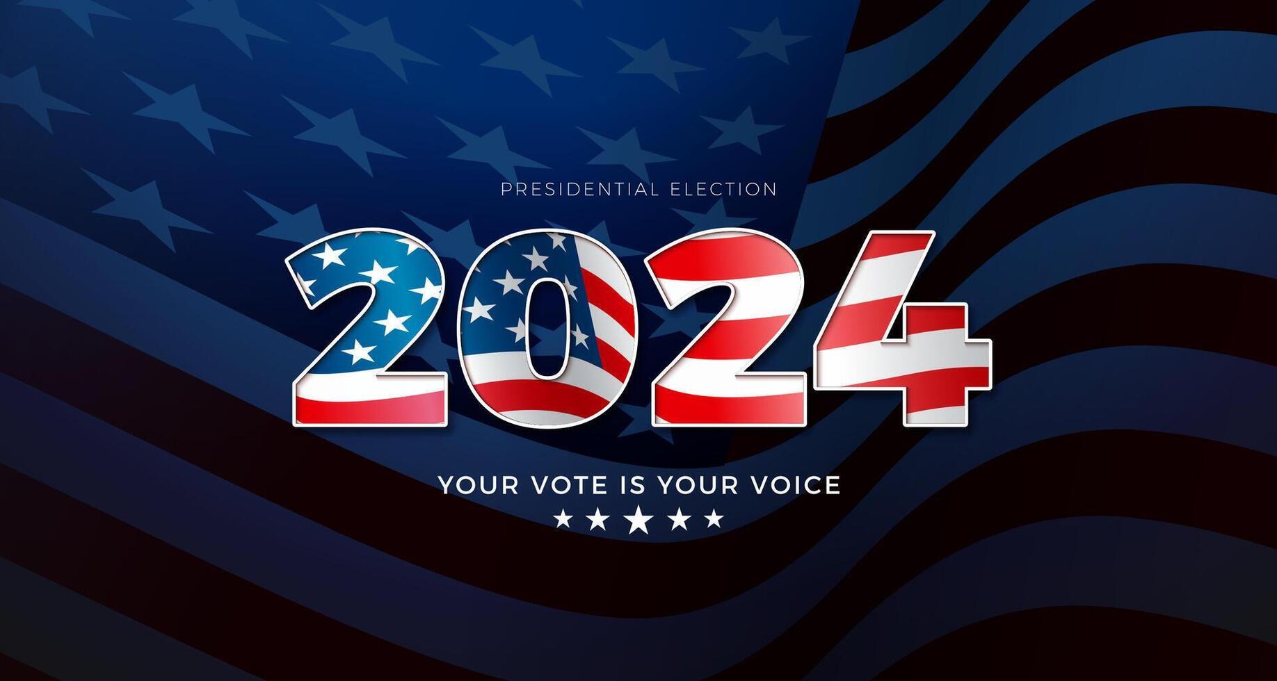 USA 2024 Presidential Election Banner Illustration with American Flag in Text Label on Blue Background. Vote Day, November 5. United States Election Voting Design with Typography for Poster vector