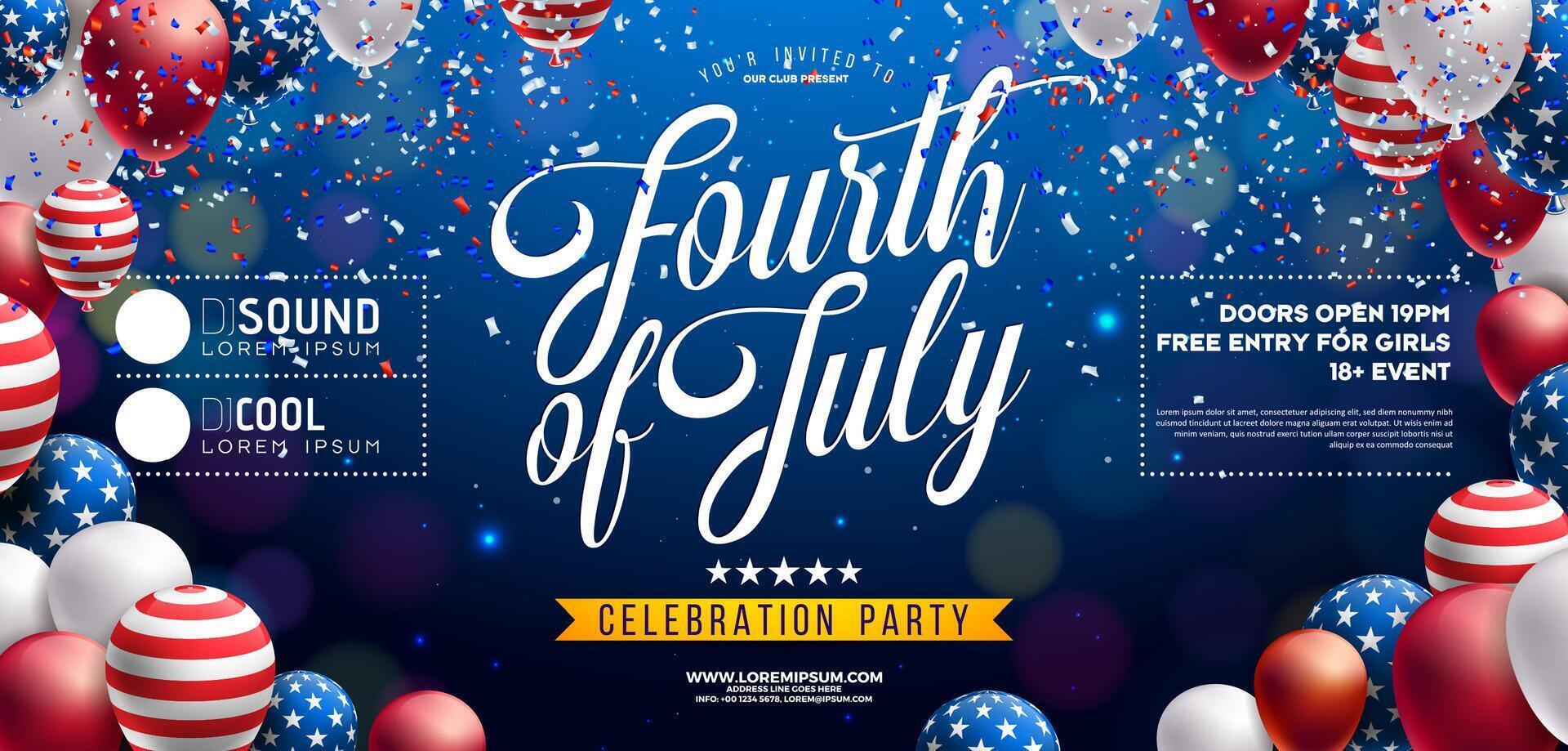 Independence Day of the USA Horizontal Party Flyer Design with American Flag Pattern Balloon and Falling Confetti on Night Blue Background Fourth of July Design for Celebration Banner, Greeting vector