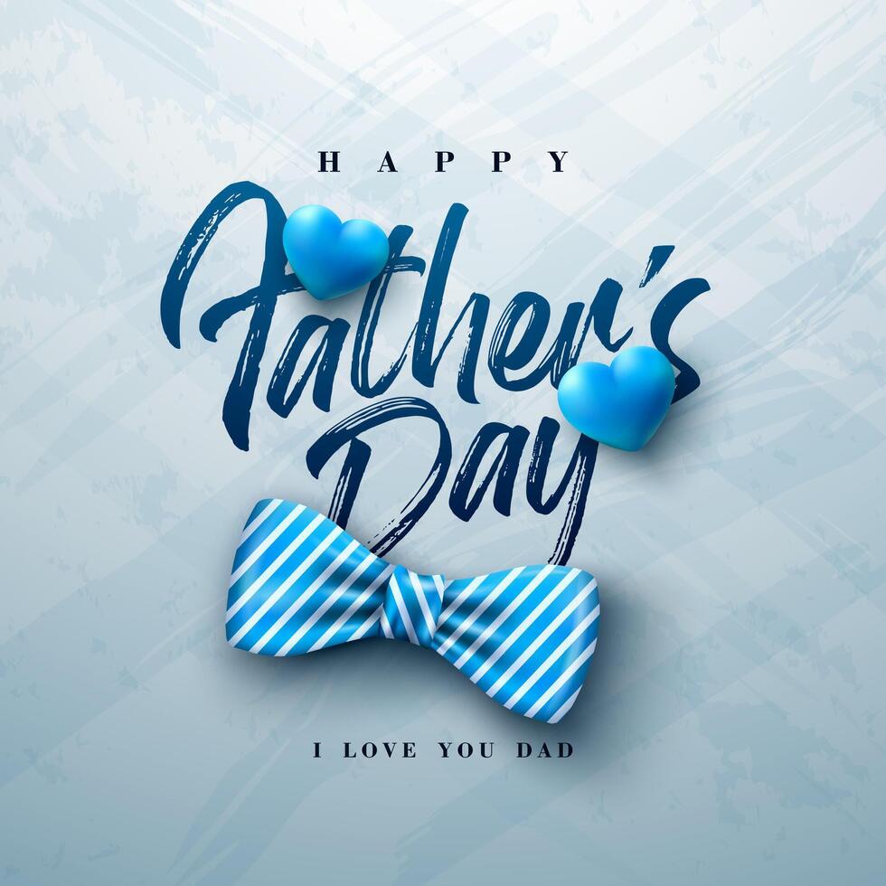 Happy Father's Day Greeting Card Design with Striped Bow Tie and Blue Heart on Light Background. Fathers Day Celebration Illustration for Loved and Best Dad. Template for Banner, Flyer, Poster vector