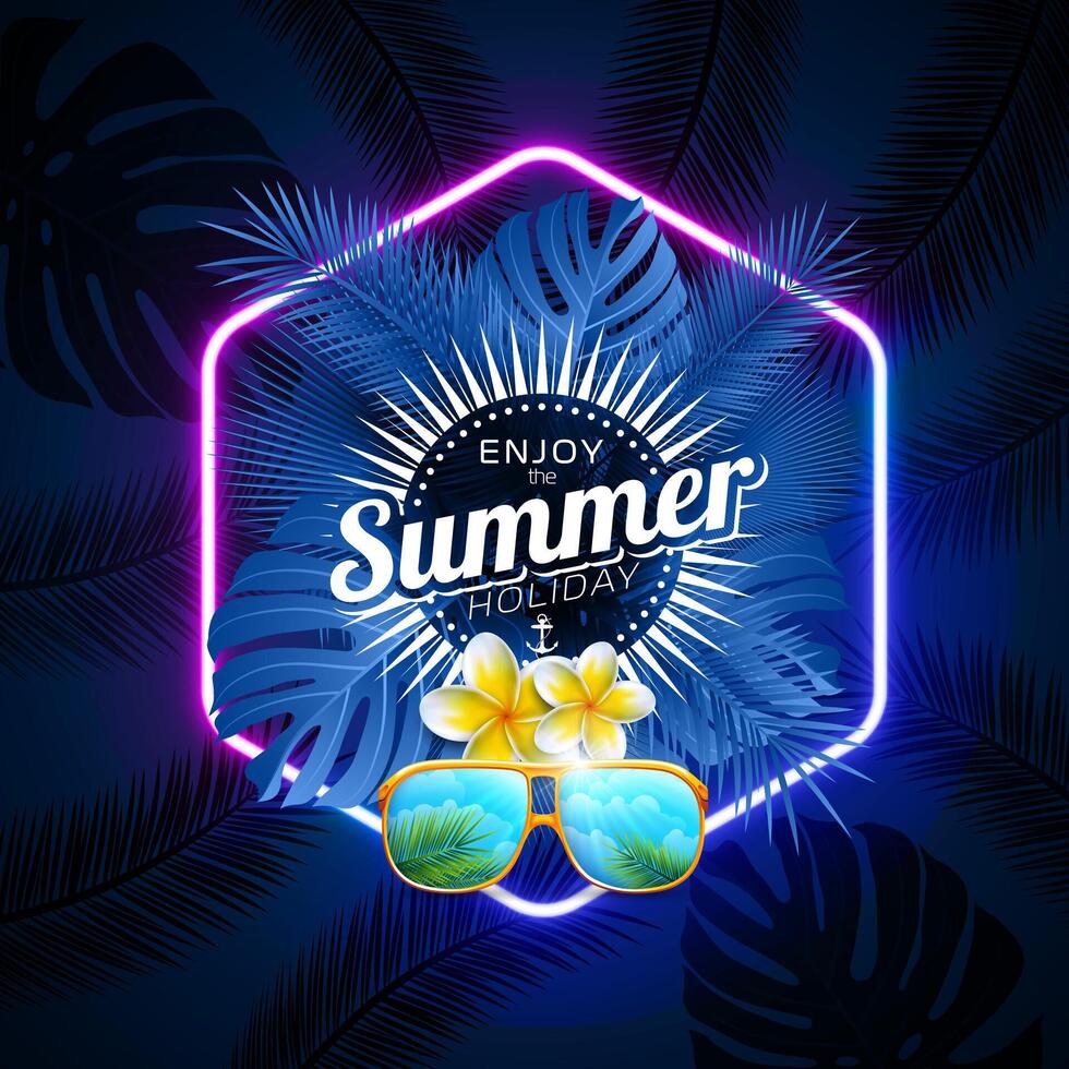 Summer Holiday Design with Sunglasses and Tropical Flower on Dark Green Background. Template with Typography Lettering and Palm Leaf for Banner, Flyer, Invitation, Brochure, Poster or Greeting vector