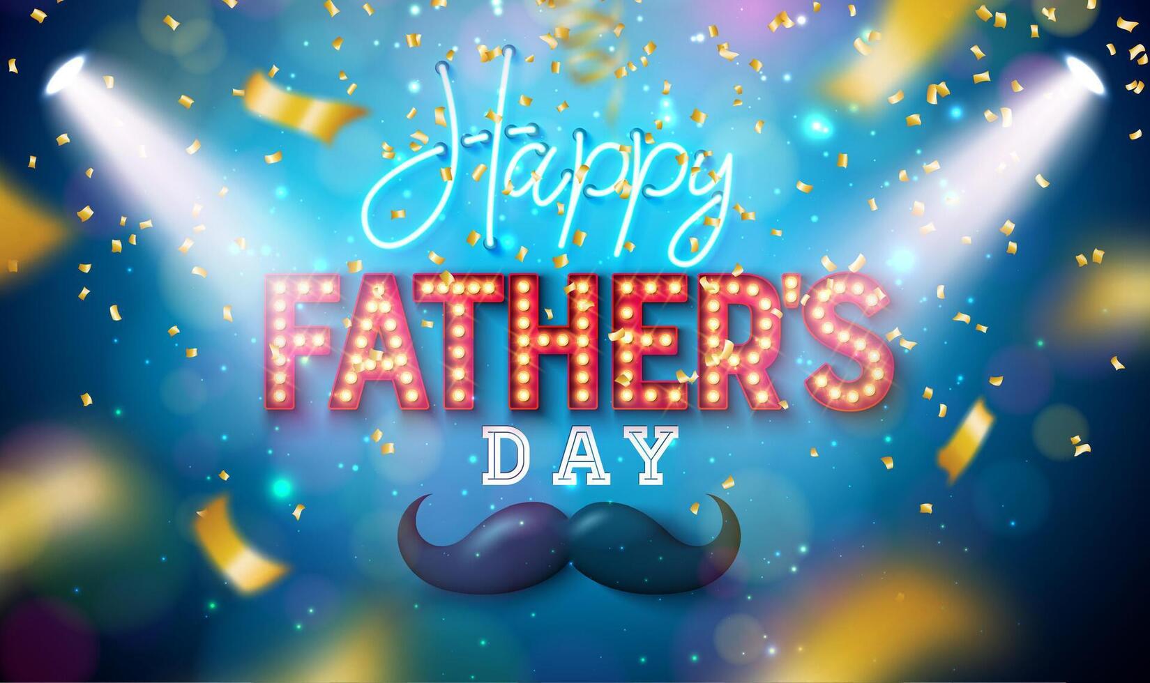 Happy Father's Day Greeting Card Design with Glowing Neon Light and Light Bulb Billboard Lettering on Blue Background. Celebration Illustration for Dad. Template for Banner, Flyer or Poster. vector