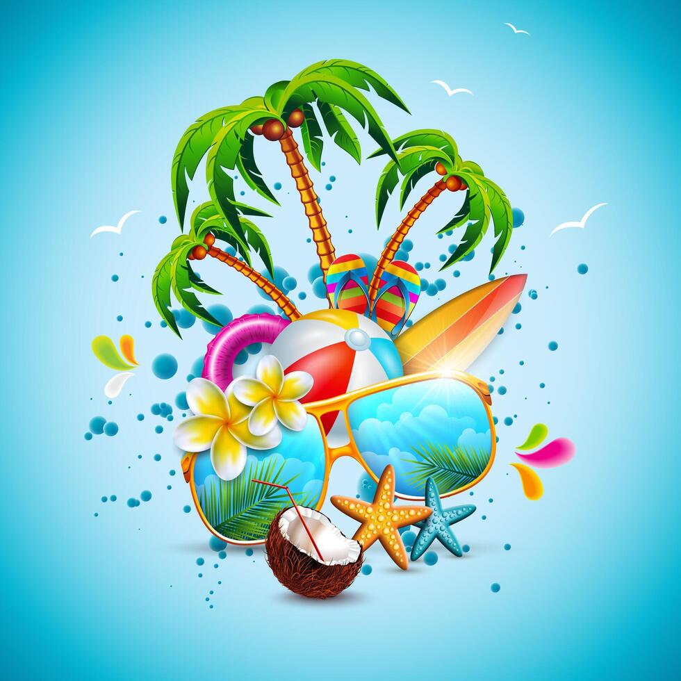 Summer Time Holiday Illustration on Sky Blue Background. Tropical Plants, Flower, Beach Ball, Surf Board, Coconut and Sunglasses with Palm Tree. Design Template for Banner, Flyer, Invitation vector