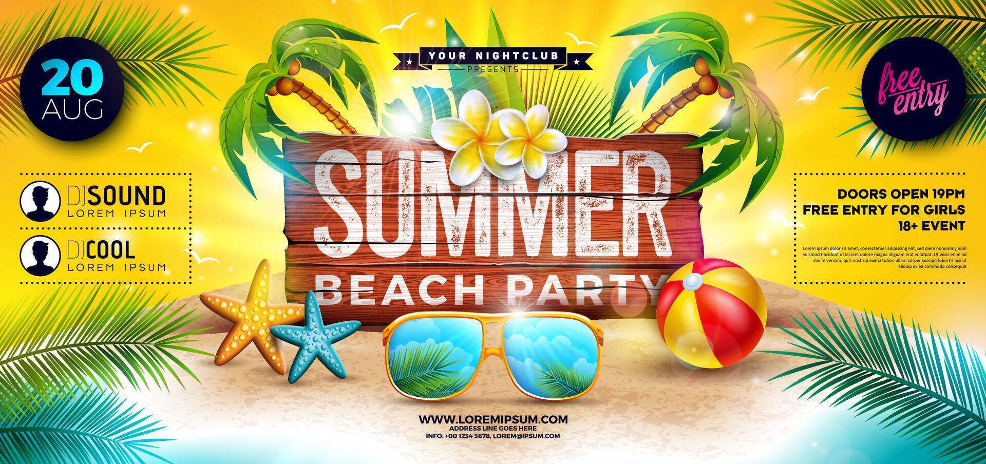 Summer Beach Party Banner Flyer Design with Sunglasses and Beach Ball on Tropical Island with Typography Lettering on Vintage Wood Board Background. Summer Holiday Illustration with Exotic Palm vector