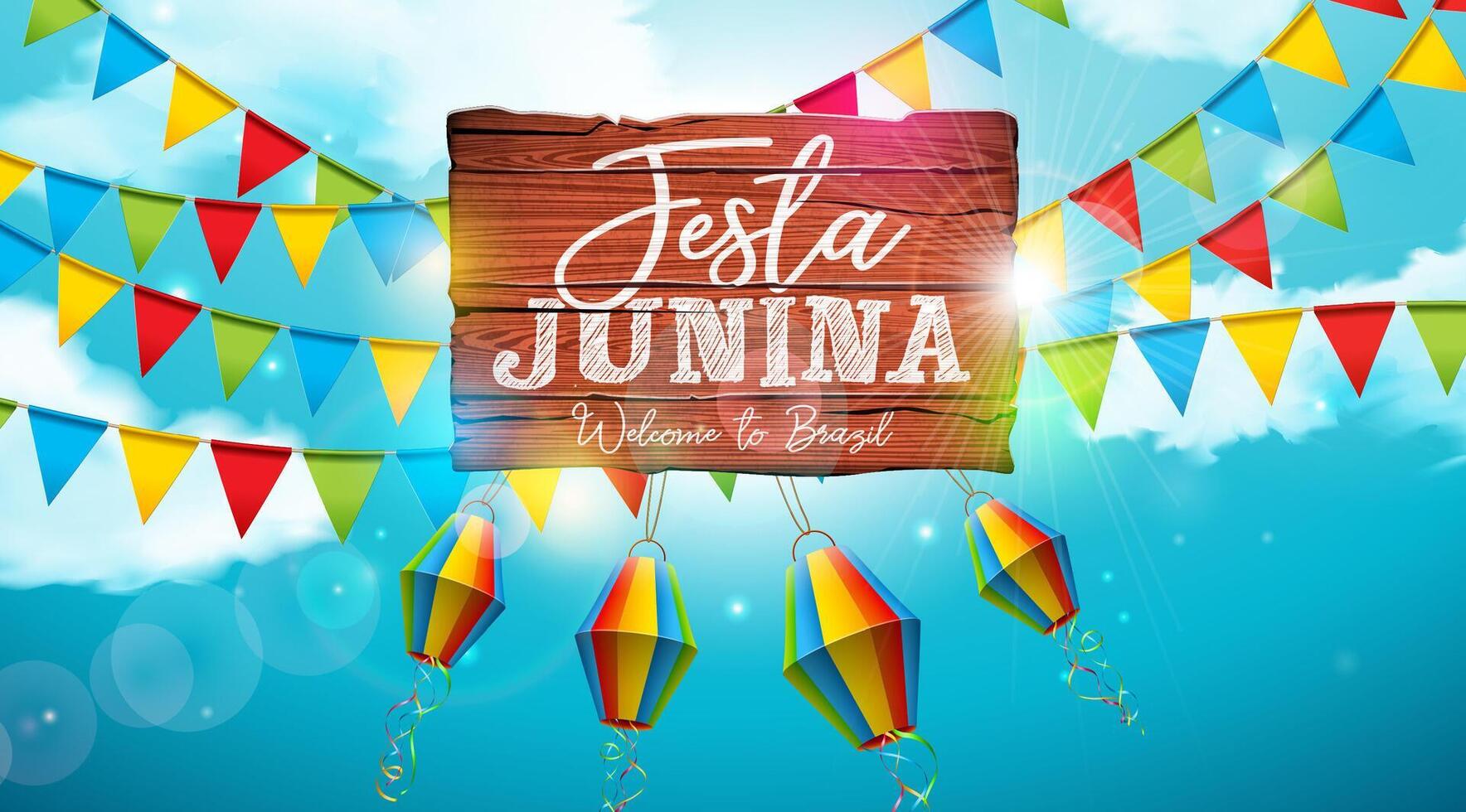 Festa Junina Illustration with Party Flags and Paper Lantern on Blue Cloudy Background. Brazil June Traditional Holiday Festival Design for Celebration Banner, Greeting Card, Invitation or vector