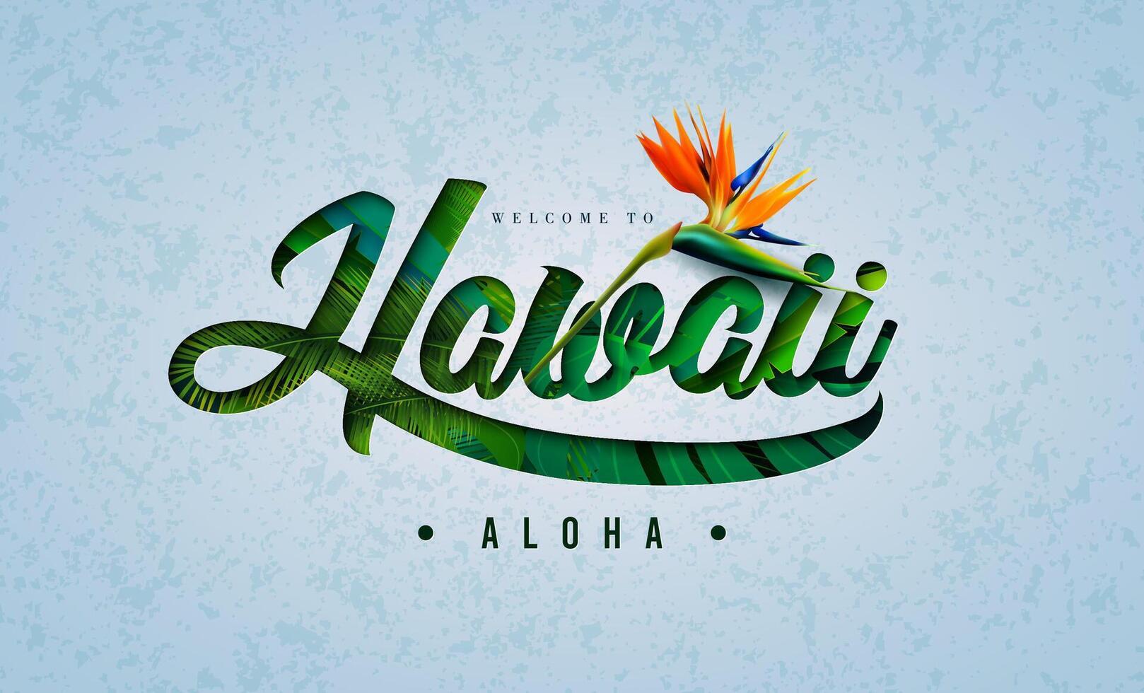 tropical verano diseño con aloha Hawai letras y loro flor en exótico palma hojas antecedentes. fiesta tipografía ilustración con trópico planta y filodendro para bandera, volantes vector