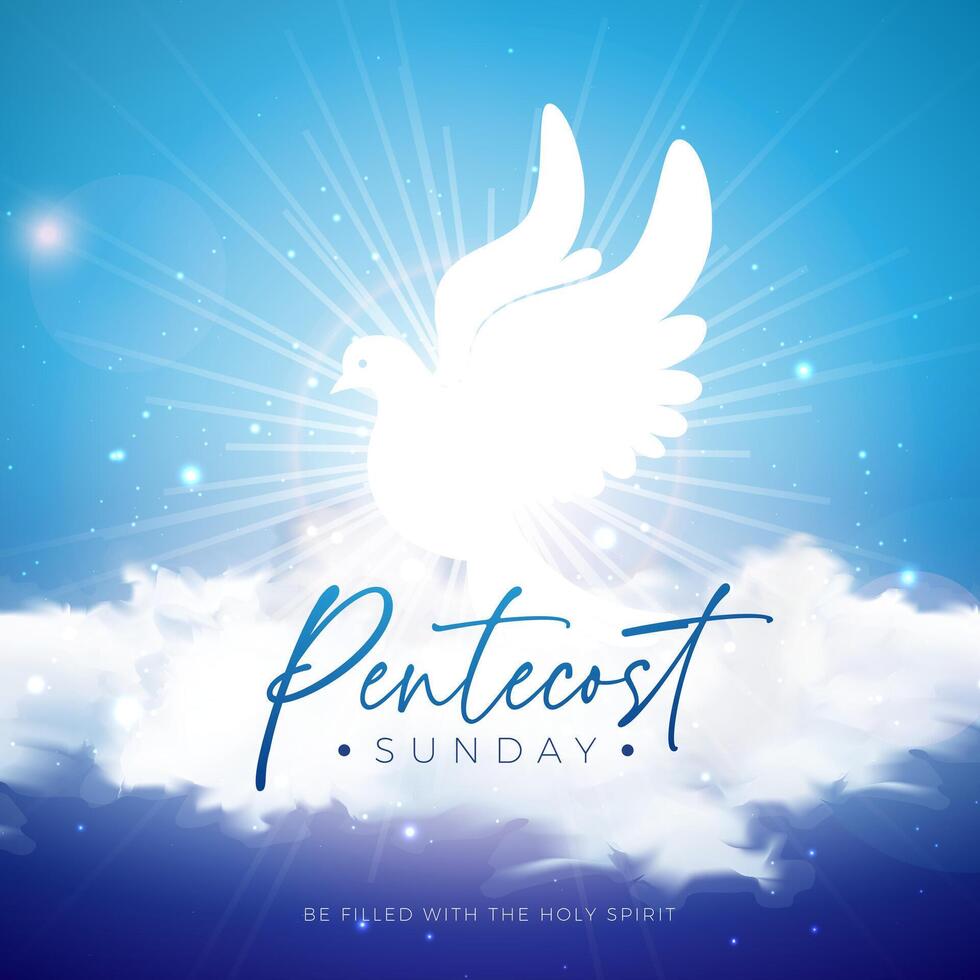 Pentecostés domingo cristiano fiesta ilustración con blanco volador paloma y nube en cielo azul antecedentes. santo espíritu bíblico Domingo de Pentecostés celebracion diseño con tipografía letra para oración vector