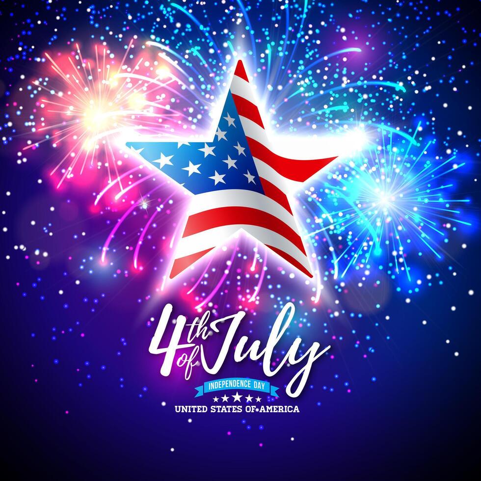 Fourth of July Independence Day Sale Banner Design with Flag Pattern Star Symbol on Fireworks Background. USA National 4th of July Holiday Illustration for Banner, Greeting Card, Invitation or vector