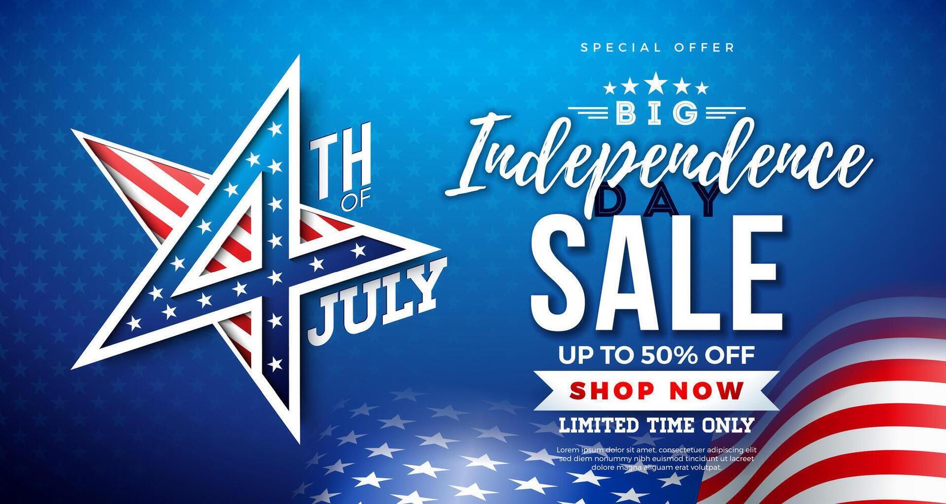 Fourth of July Independence Day Sale Banner Design with American Flag Pattern 3d Star Symbol on Blue Background. USA National 4th of July Holiday Illustration with Special Offer Typography vector