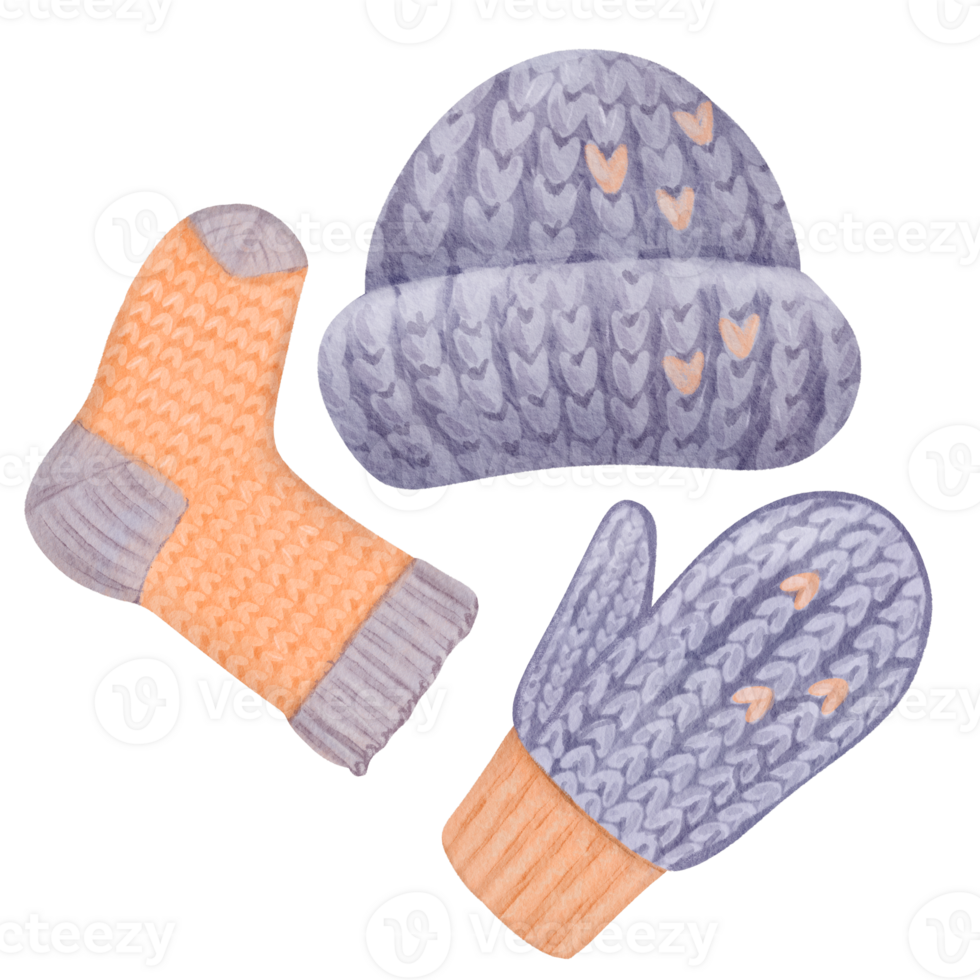A collection of knitted winter wear. Includes a cozy winter hat, snug knitted sock, and soft mitten. Rendered in shades of purple and orange. Knitting set. Watercolor isolated elements png