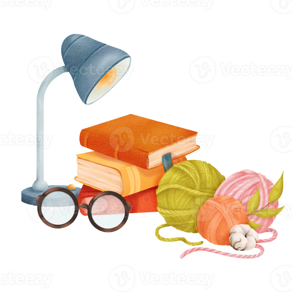 ein Aquarell Illustration ein gemütlich Komposition von inländisch Elemente. ein Tabelle Lampe mit Gläser, ein Stapel von Bücher, Stränge von Garn und ein Baumwolle Blume. zum Zuhause Dekor gemütlich Drucke, Lebensstil Blogs png