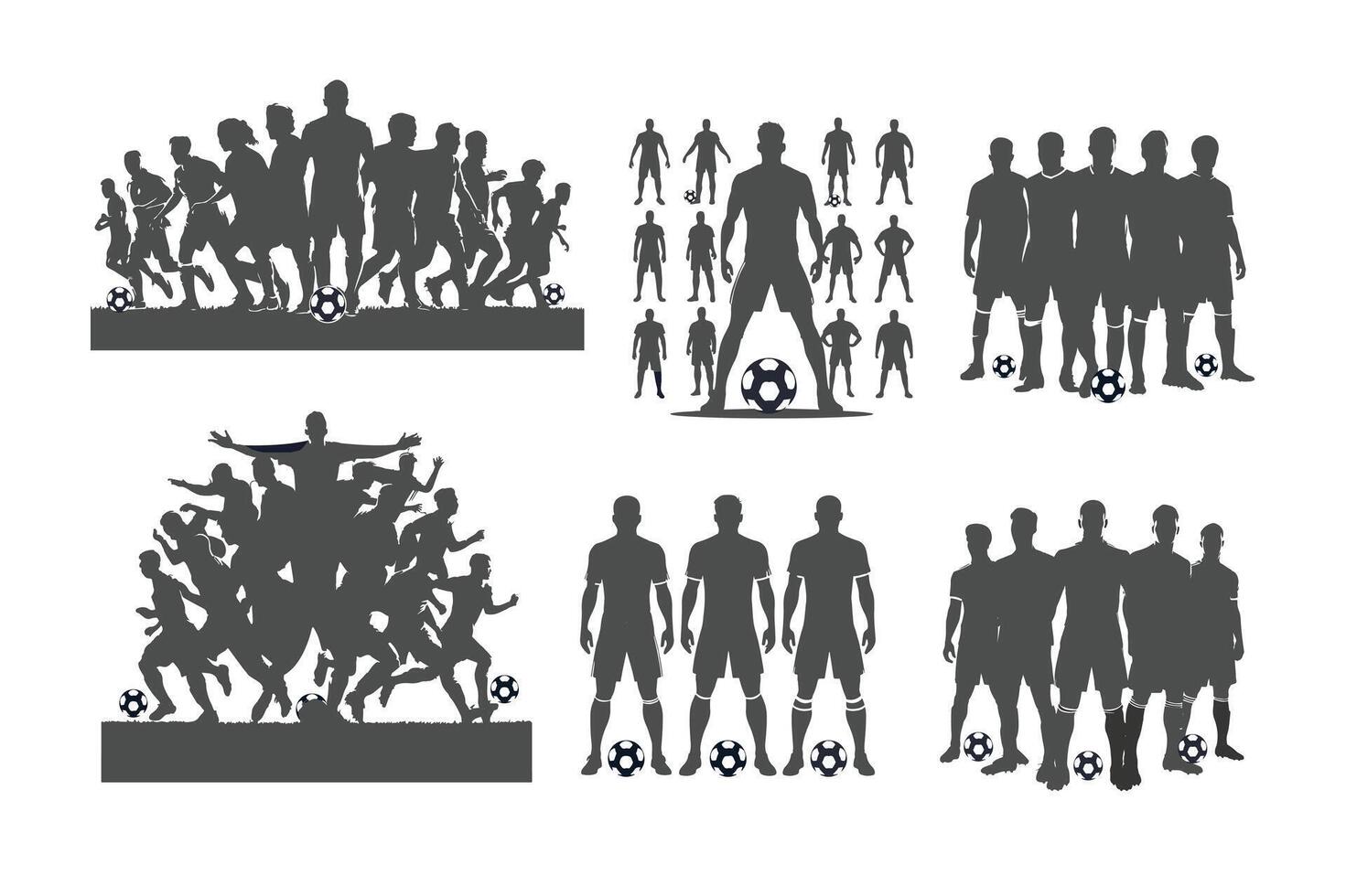 soccer player set silhouette illustration. Pro set of football soccer players collection, on white background, vector