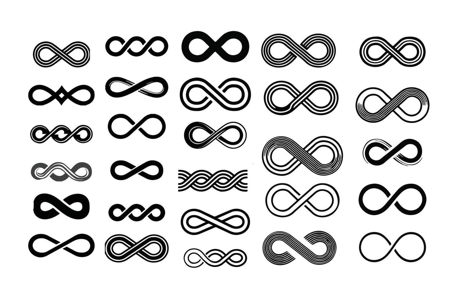 Unique and professional Set of infinity symbols set. Infinity symbol set, Infinity symbol collection. Pro icon logos set. Black co ntours of different shapes, thickness and style isolated on white. vector