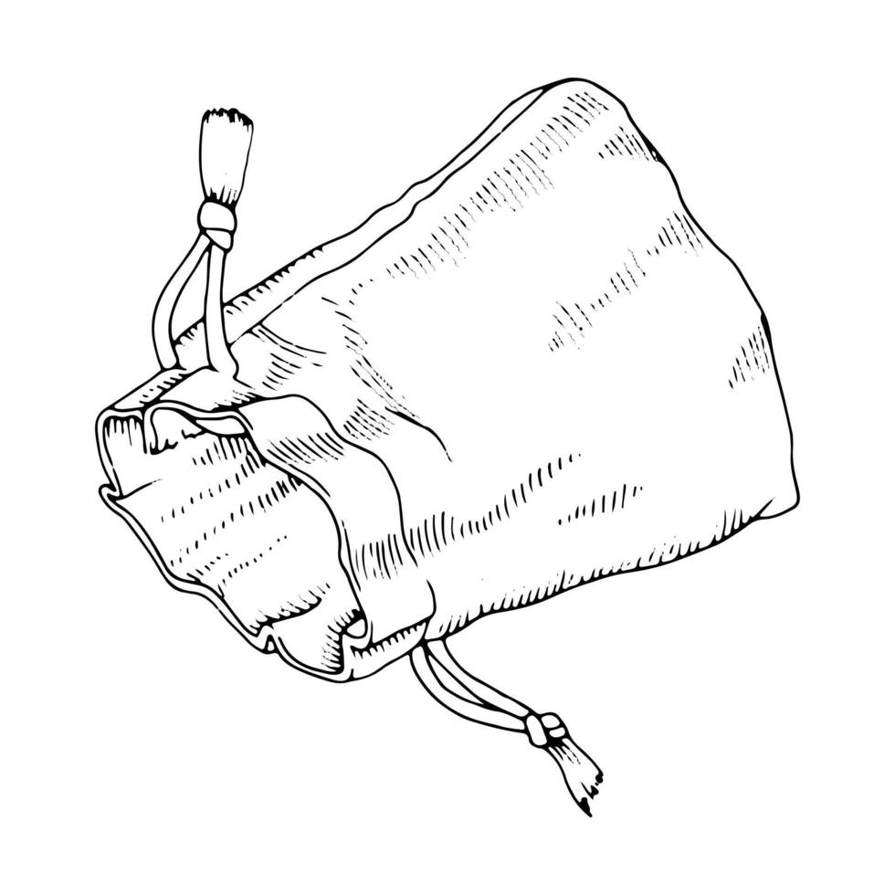 Aroma Bag line art. Black and white drawing of pouch with drawstrings. Outline illustration of small sachet for herbal spa. Sketch on isolated background. Hand drawn editable clipart vector