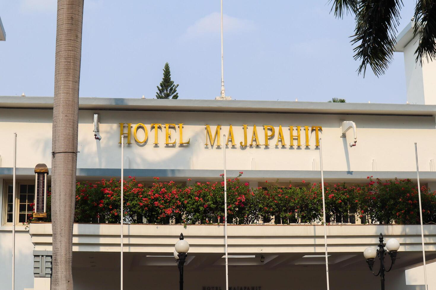 a front view of hotel majapahit. a historical hotel. surabaya, indonesia - 21 february 2024 photo